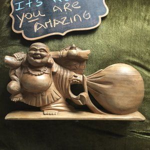 145-UR Worthy❤️~Wood Carving Laughing Money Bag Buddha.Native Boxwood